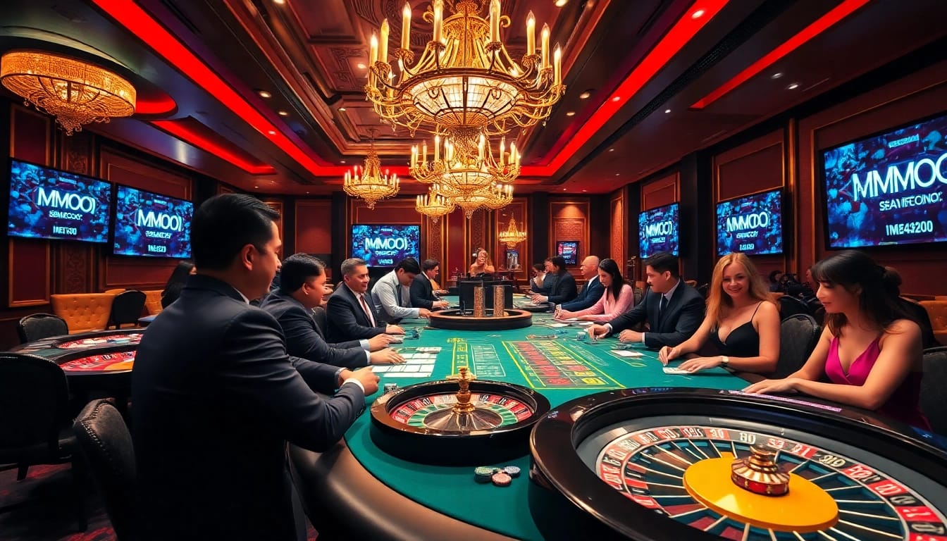 Exciting casino atmosphere featuring MMOO branding with players at gaming tables.