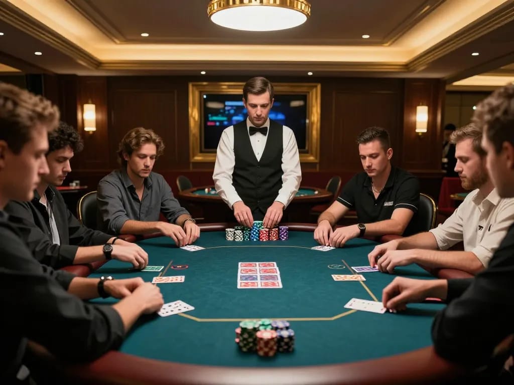 CM88 poker players strategizing in luxury casino atmosphere with focused lighting
