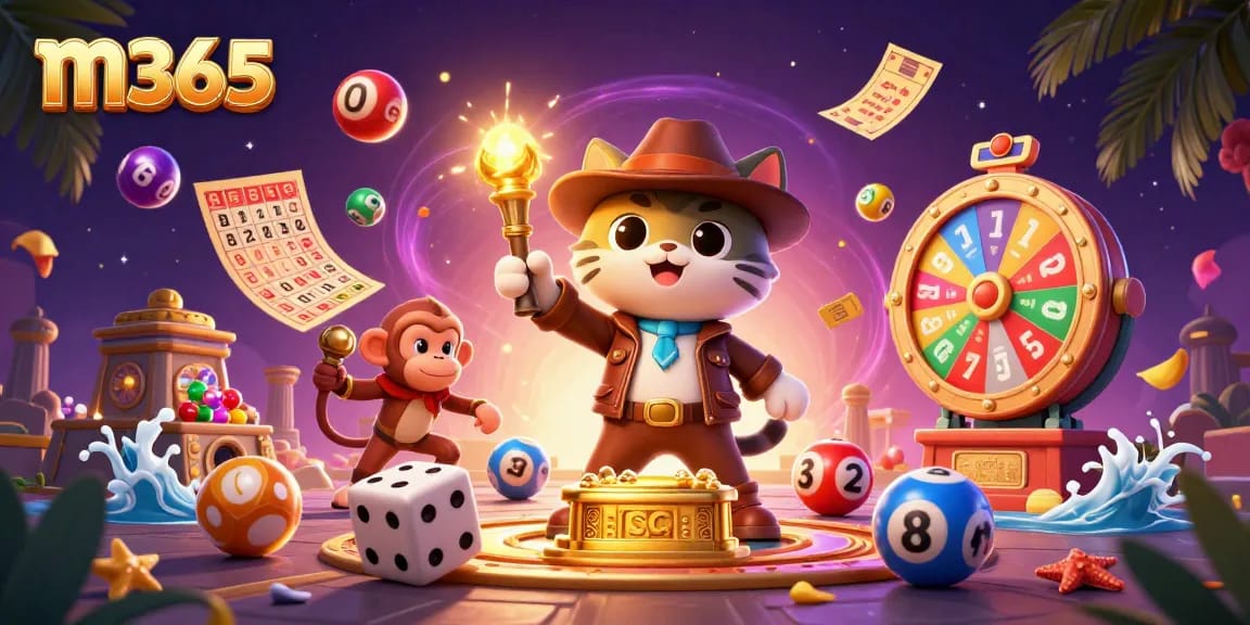 Engaging scene of m365 featuring a cat archaeologist discovering a casino artifact amidst lottery excitement.