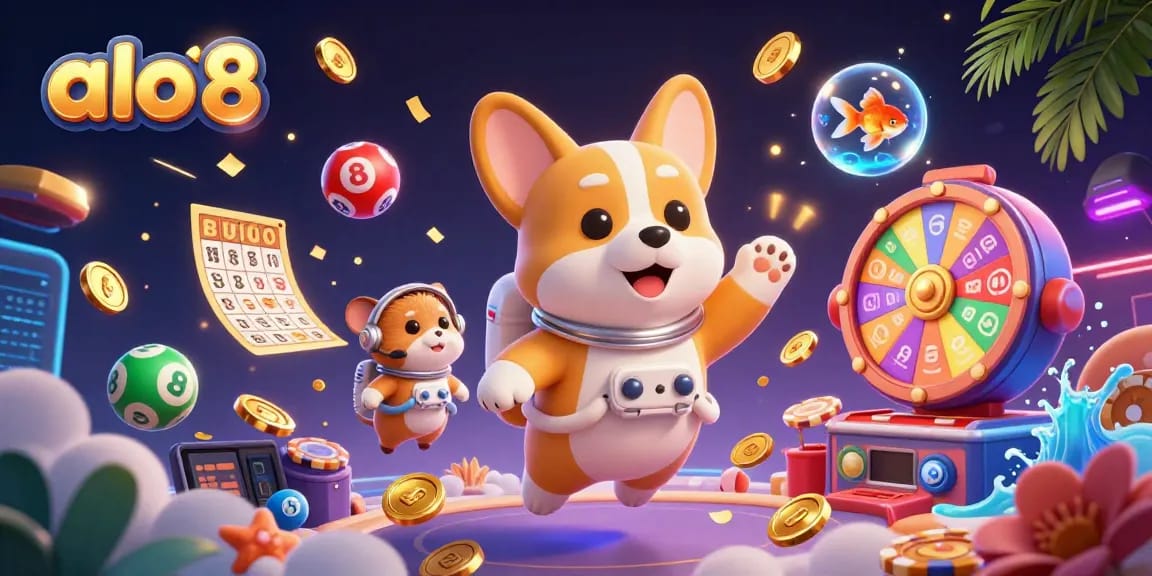 Engage in the exciting world of alo 8 as a cartoon astronaut corgi floats in a thrilling casino scene.
