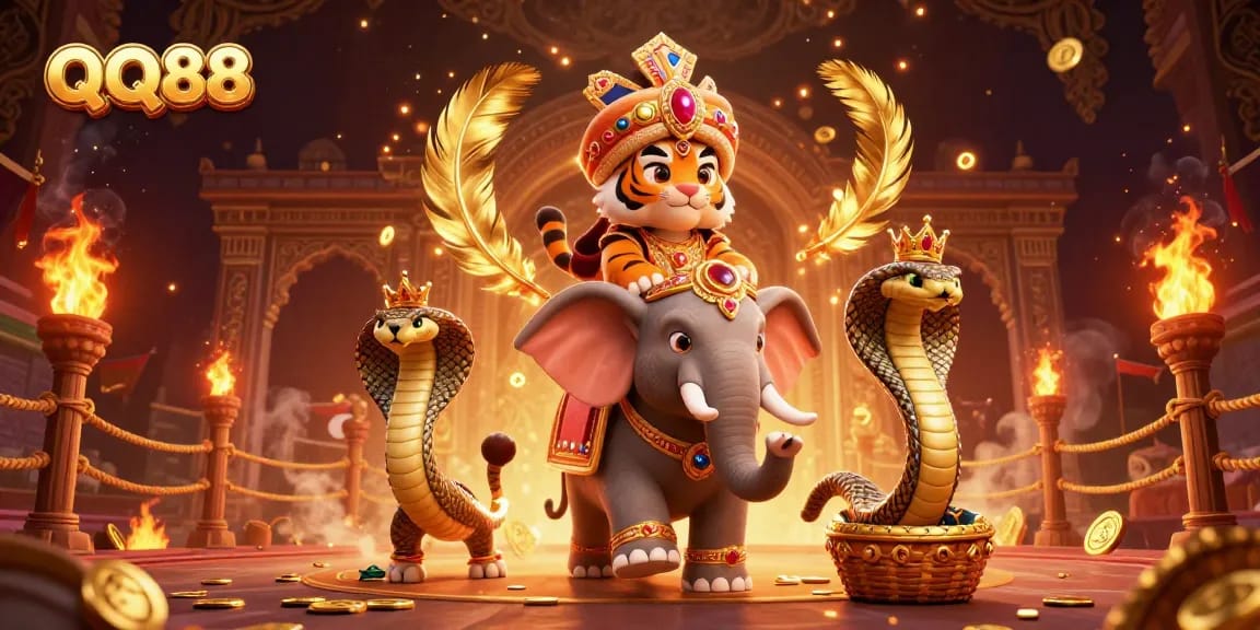 Join the thrill at QQ88 with a majestic maharaja tiger, jewel-encrusted elephant, and golden elements.