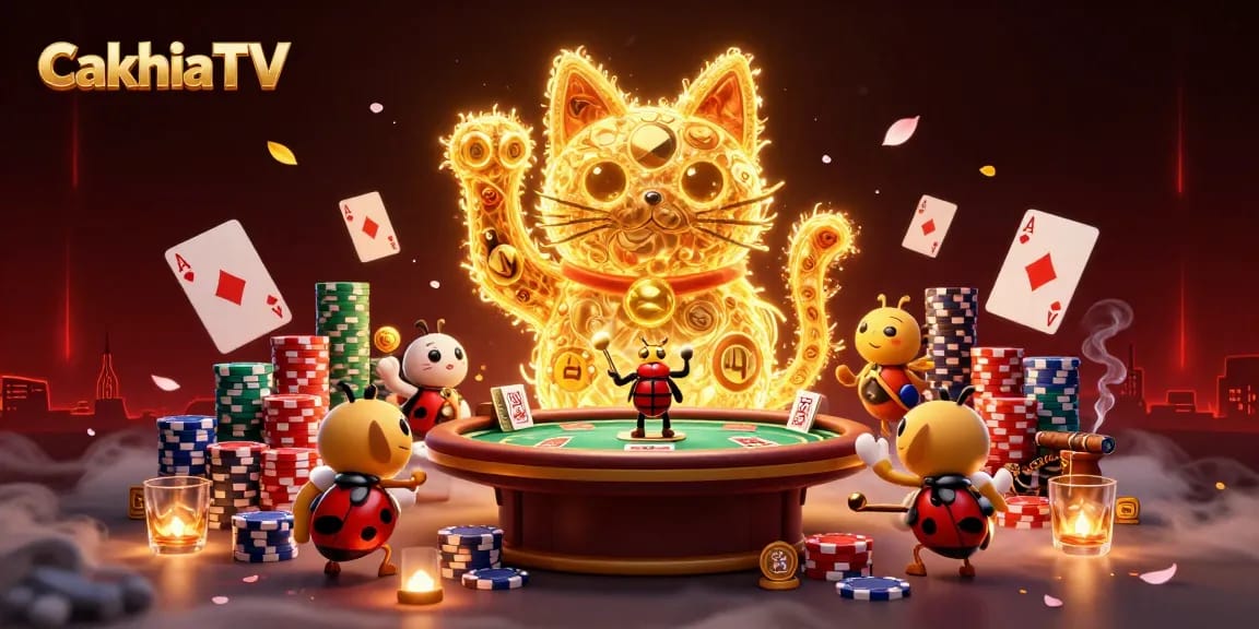 CakhiaTV provides thrilling casino entertainment as golden fireflies dance around poker elements.