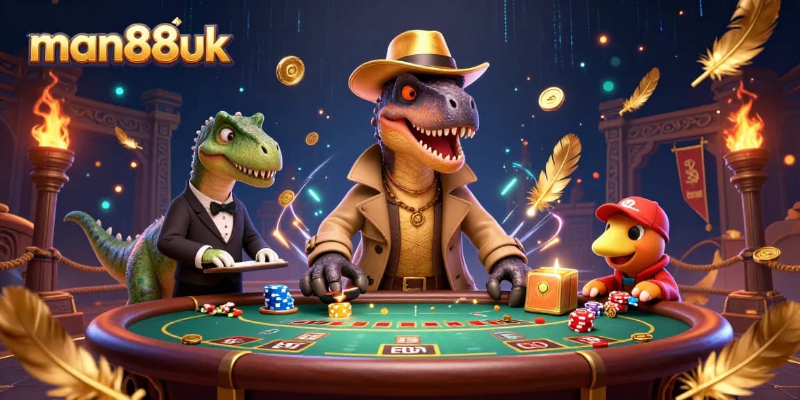 Catch the action at man88uk with a velociraptor card counter, stegosaurus pit boss, and compy pickpocket in a vibrant casino scene.