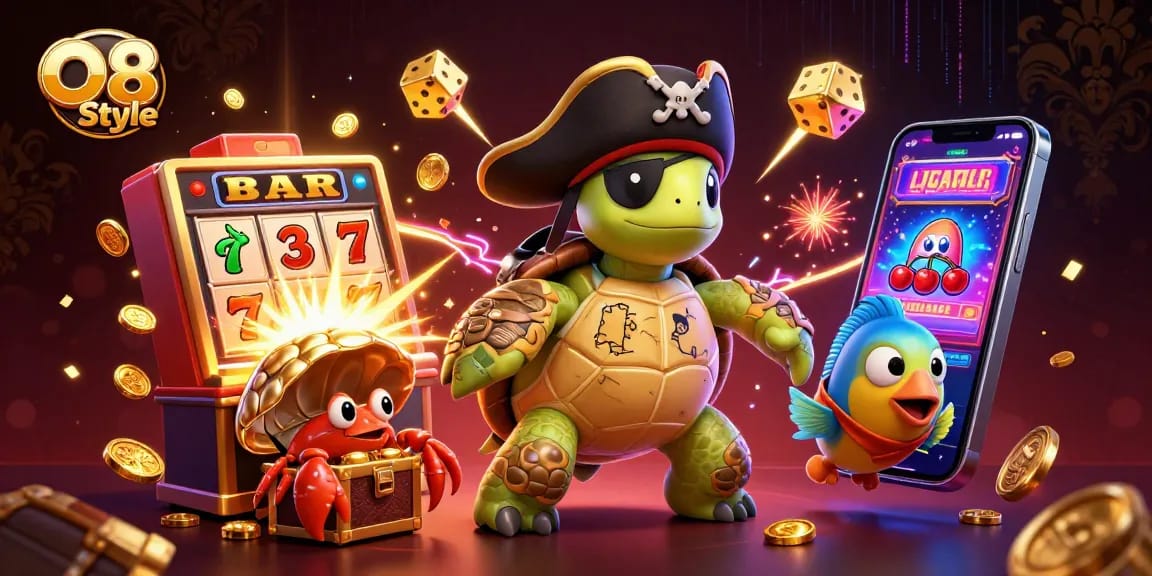 Engage with O8 Style's vibrant casino scene featuring a colorful turtle, crab, and fish amidst thrilling slot action.