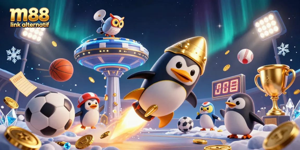 Bet on m88 link alternatif while watching a 3D cartoon penguin in a thrilling casino universe.