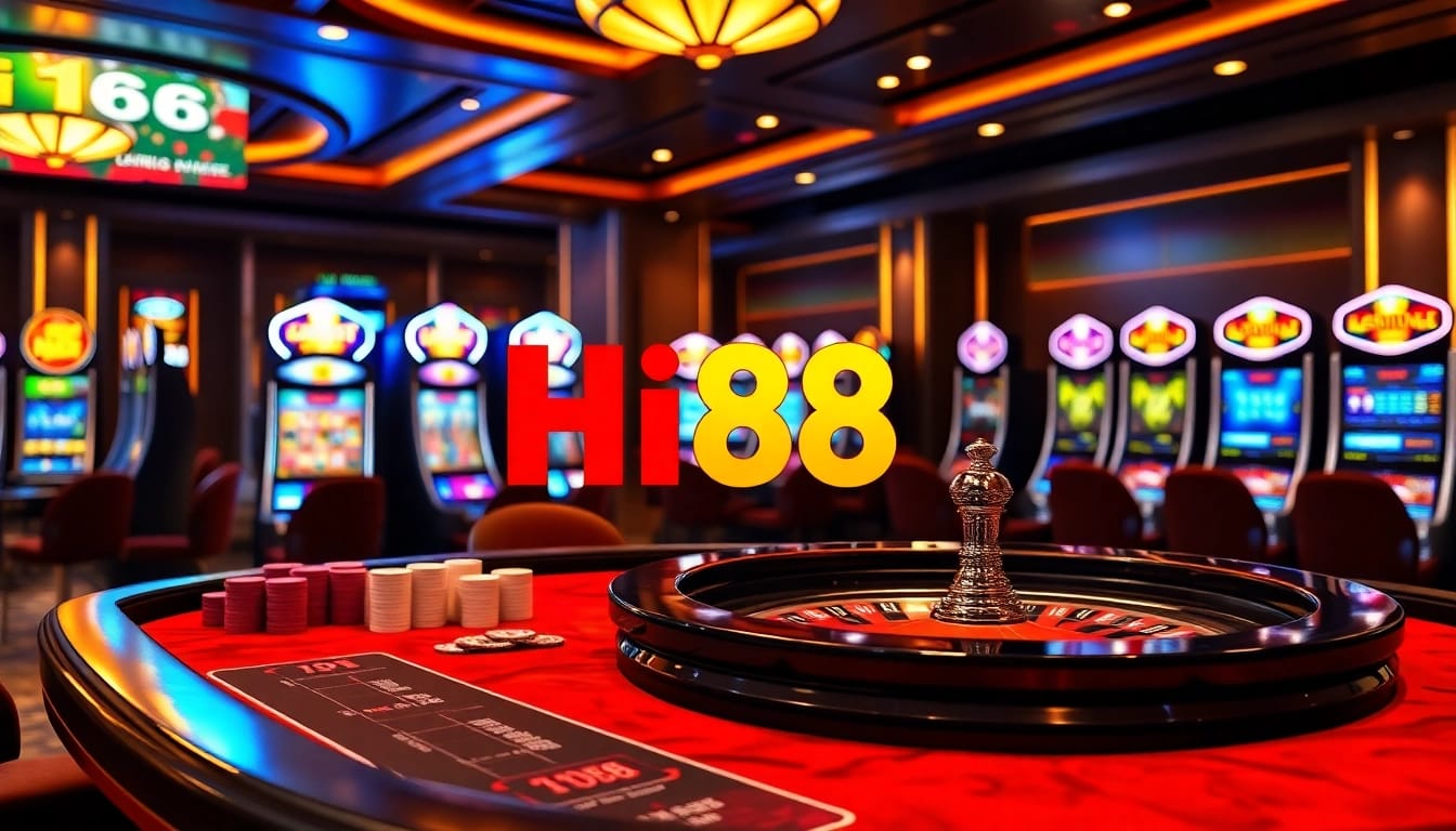 Experience the thrill of Hi88 casino games with vibrant betting tables and spinning roulette.