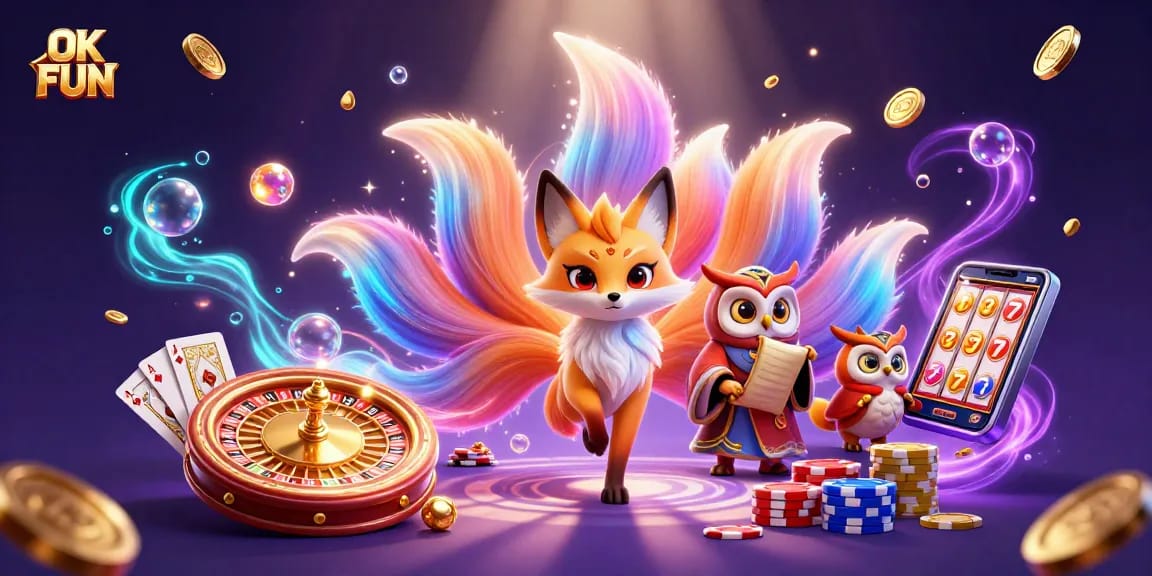 Experience the excitement of OK FUN with a vibrant 3D illustration showcasing animated casino themes and characters.
