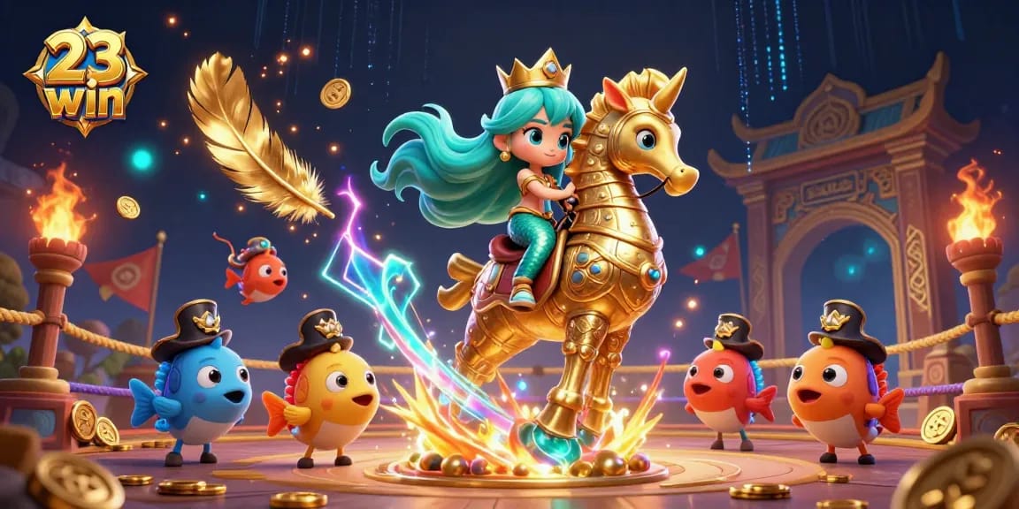 Experience the thrill of 23 win with a vibrant casino scene featuring a mermaid princess and giant seahorse.