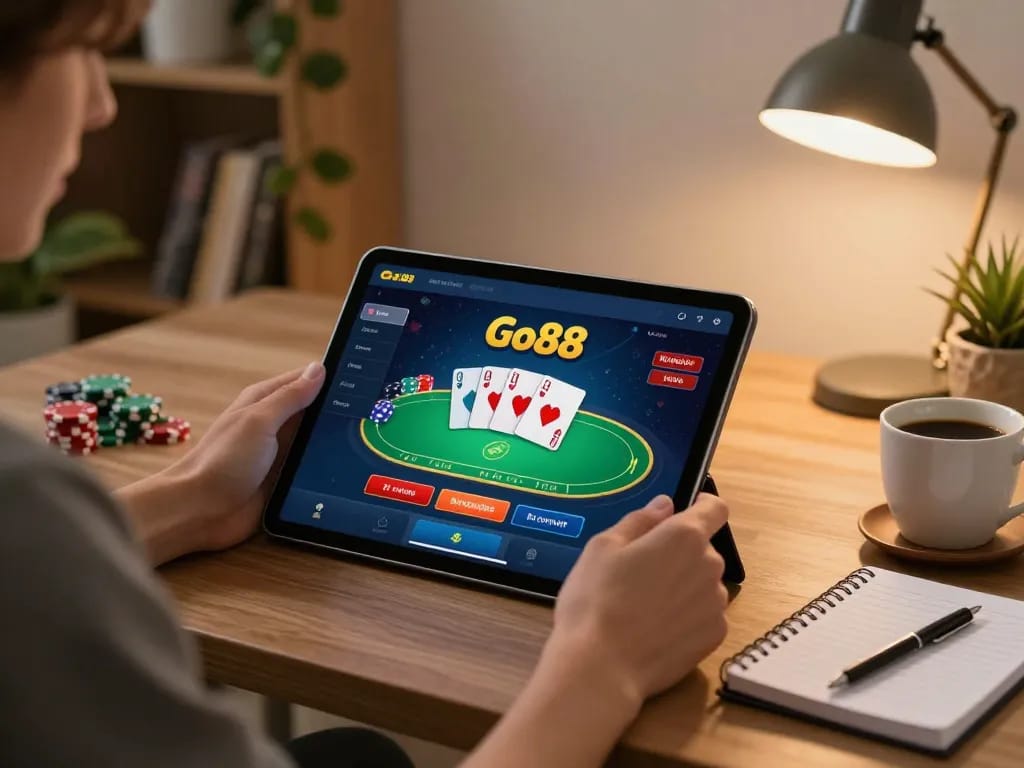 Engaging online gaming scene showing a player using Go88 app, emphasizing responsible play and excitement in home setting.