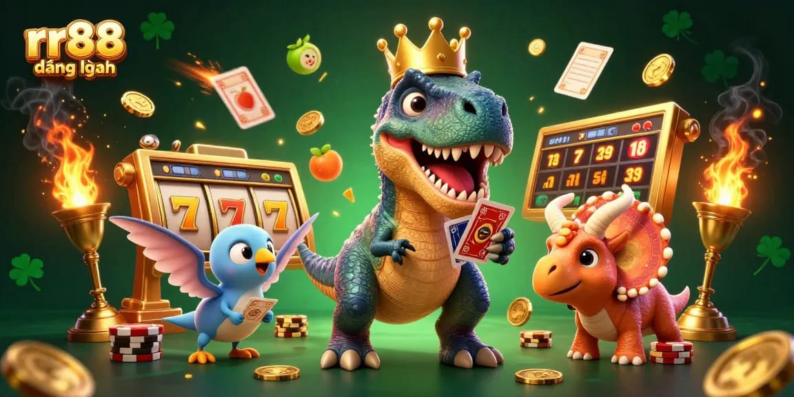 rr88 đăng nhập: Enjoy a fun-filled casino adventure with a dinosaur-themed illustration stacked with chips.