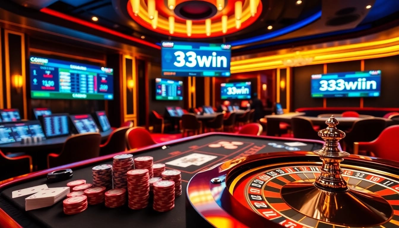 Gamblers enjoying an exciting game at 33win's casino table, showcasing vibrant chips and cards.
