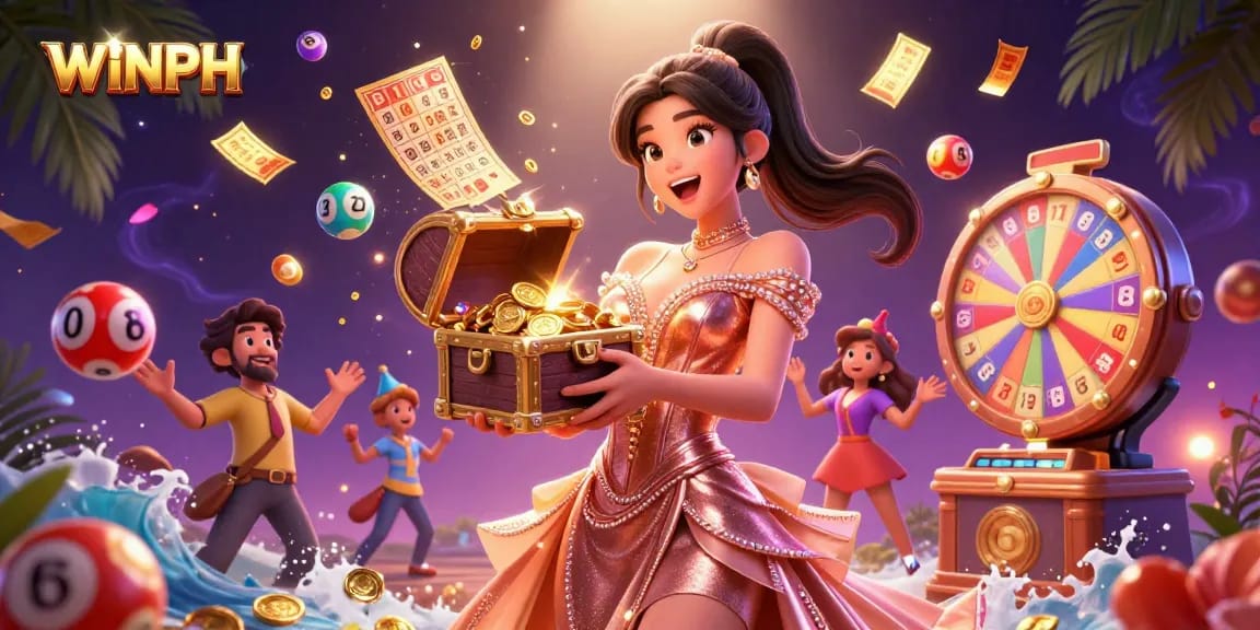 Play and win at WINPH Casino with vibrant lottery and gaming elements in an exciting treasure scene.