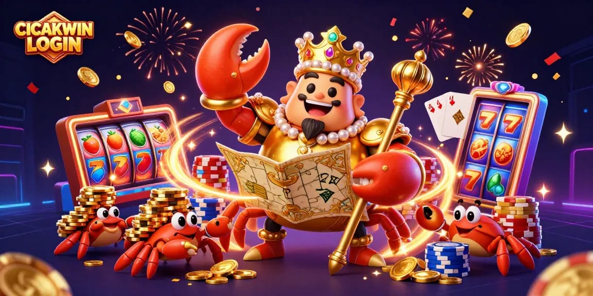 CICAKWIN LOGIN engaging scene showcasing a golden crab emperor and slot reels bursting with coins.