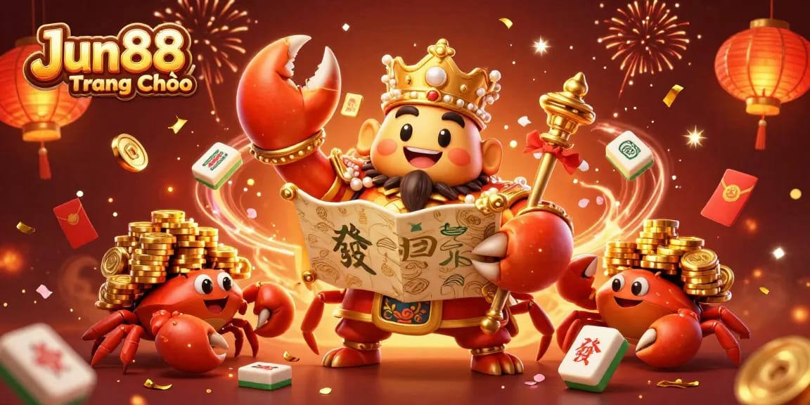 Play and win at Jun88 Trang Chủ with a vibrant 3D casino scene featuring golden crab emperor and gaming elements.