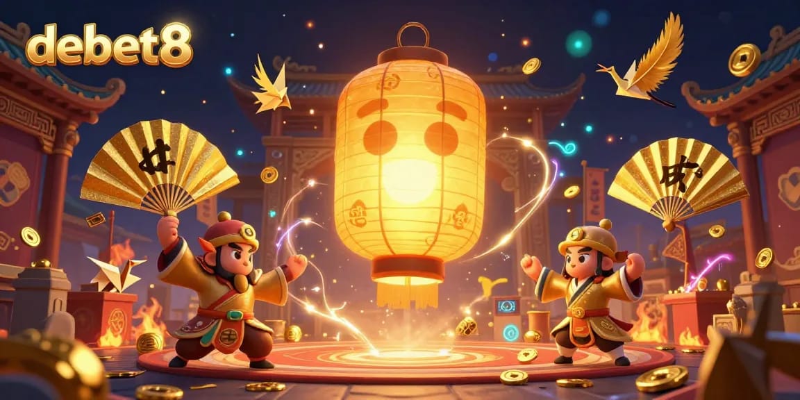 Experience the magic of debet8 as luck floats over a night market casino with golden spirits and warriors.