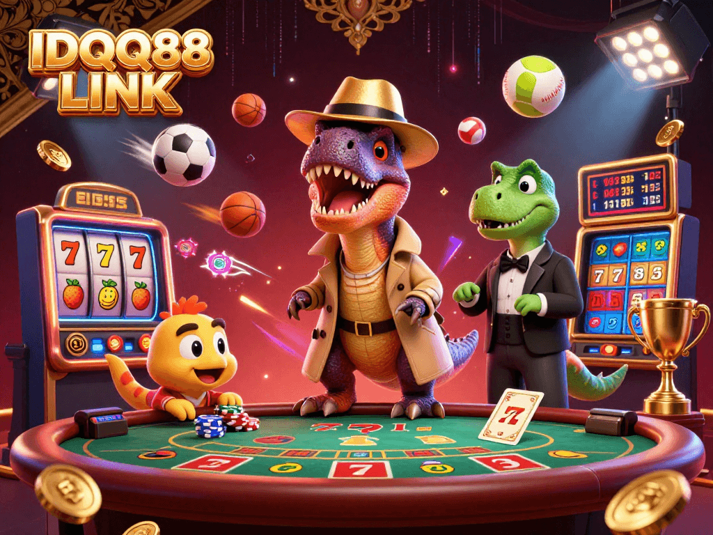 Engage with IDQQ88 LINK's vibrant casino scene featuring a velociraptor card counter amidst lively gambling fun.