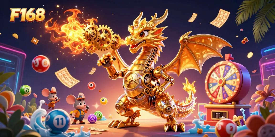 Engage in exciting gameplay at F168 with vibrant lottery balls and a golden dragon illustration.