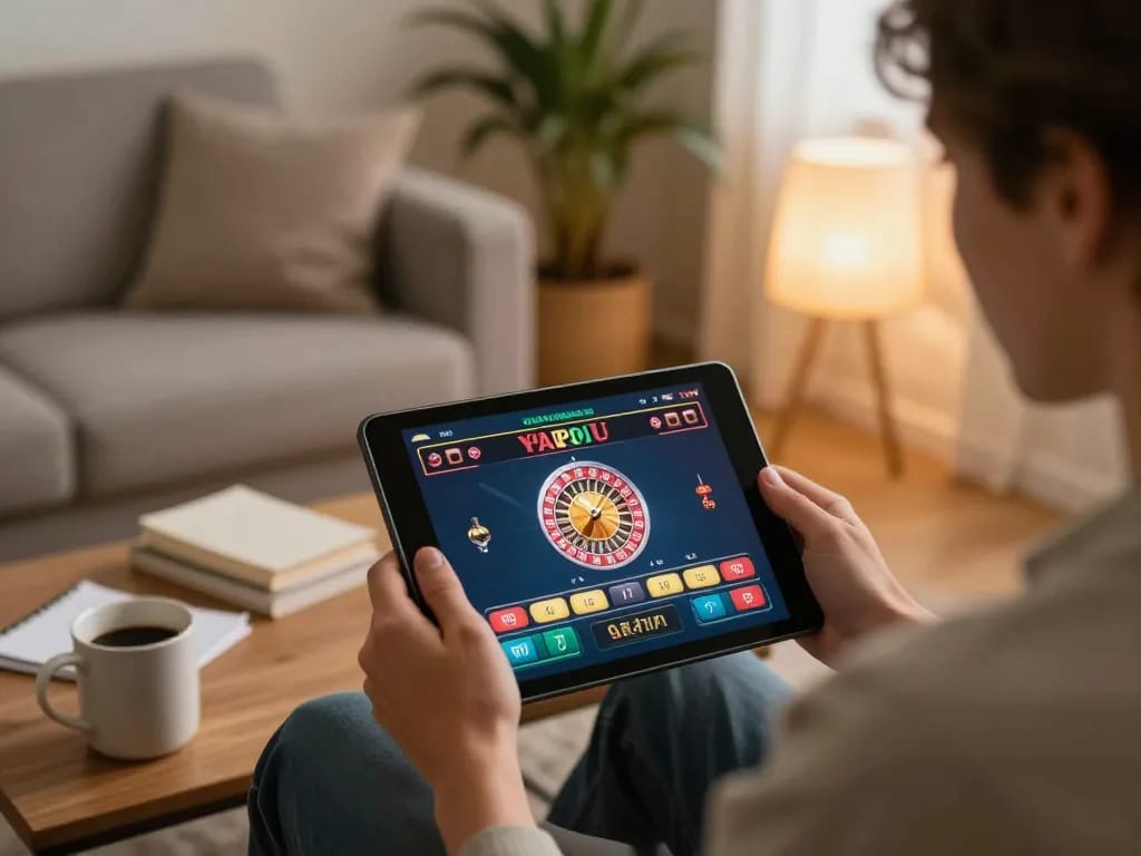 PHSKY user engaging in responsible gaming with live dealer roulette on tablet in a cozy home setting.