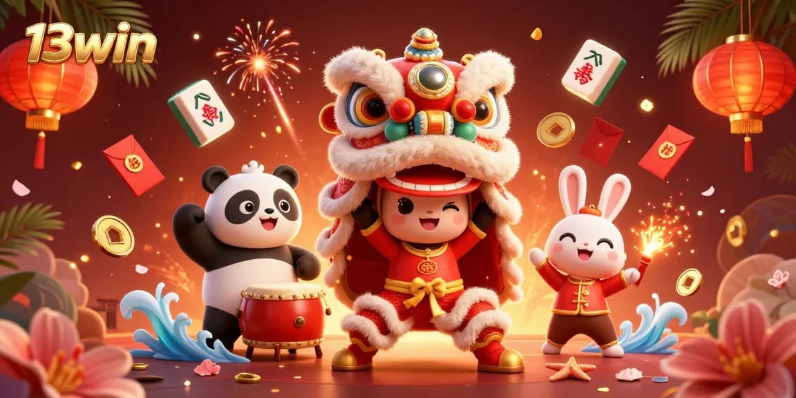 Engage with 13win's energetic casino world featuring vibrant characters and festive decorations.