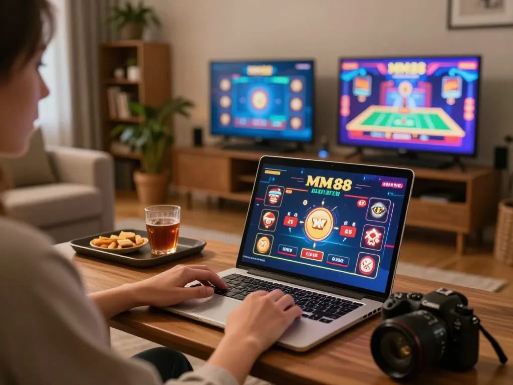 Player enjoying engaging MM 88 live dealer game on laptop from home, showcasing dynamic online gambling experience
