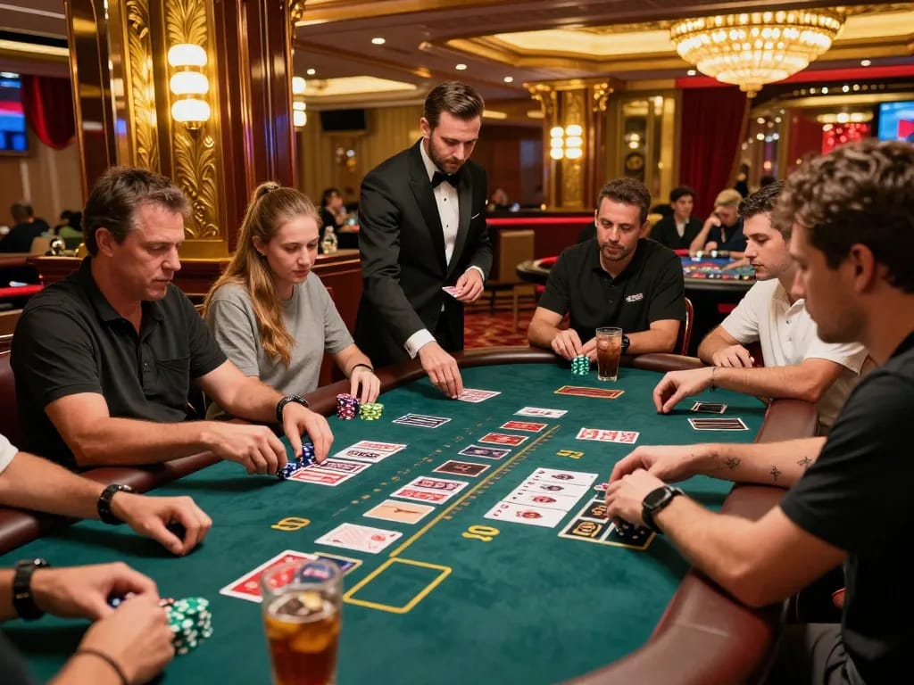 Engaging blackjack scene showcasing strategic gameplay at max 79 casino floor with excited players