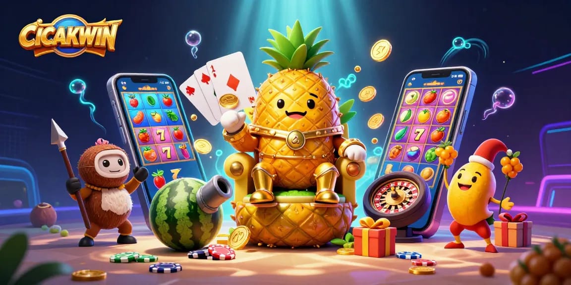 CICAKWIN engages players in a vibrant, action-packed illustration featuring a golden pineapple king alongside casino elements like slot machines and poker chips.