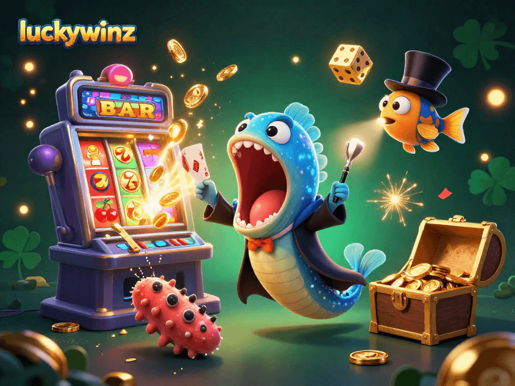 Engage with luckywinz in a vibrant 3D casino scene featuring a magical act with captivating characters and interactive gaming elements.