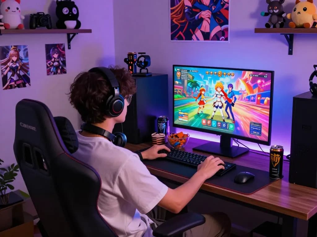 Engaging gameplay of hentai games with vibrant visuals and a cozy gaming setup.