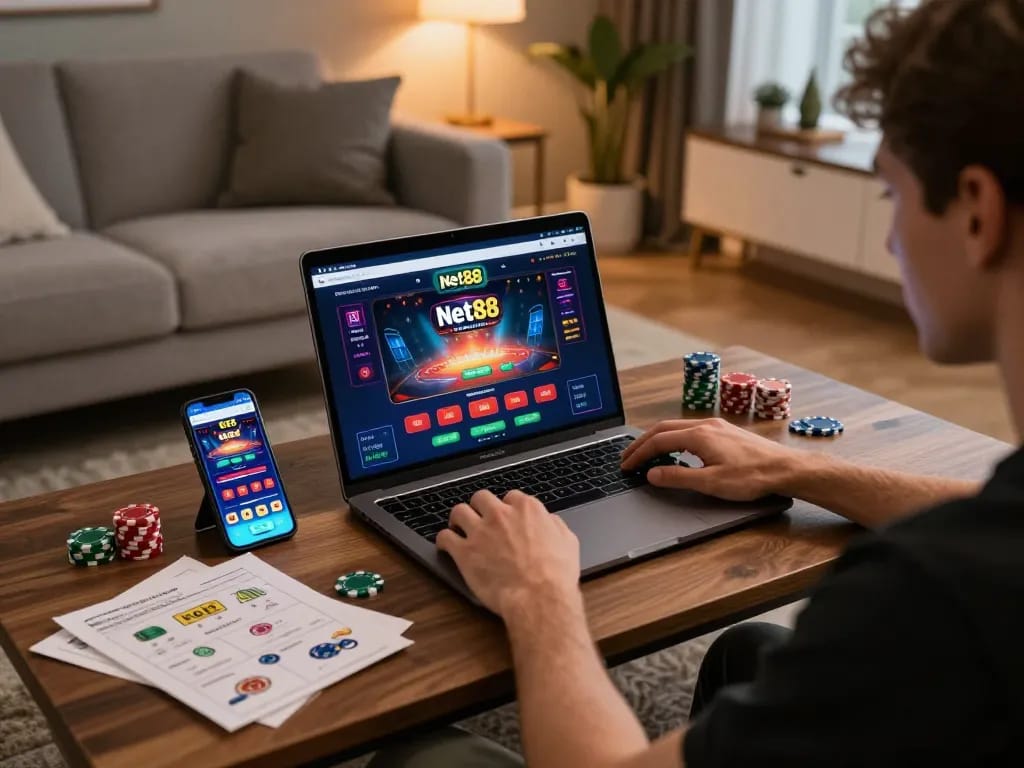 Engaging in net88 online casino gaming with laptop in modern living room, showcasing strategic play