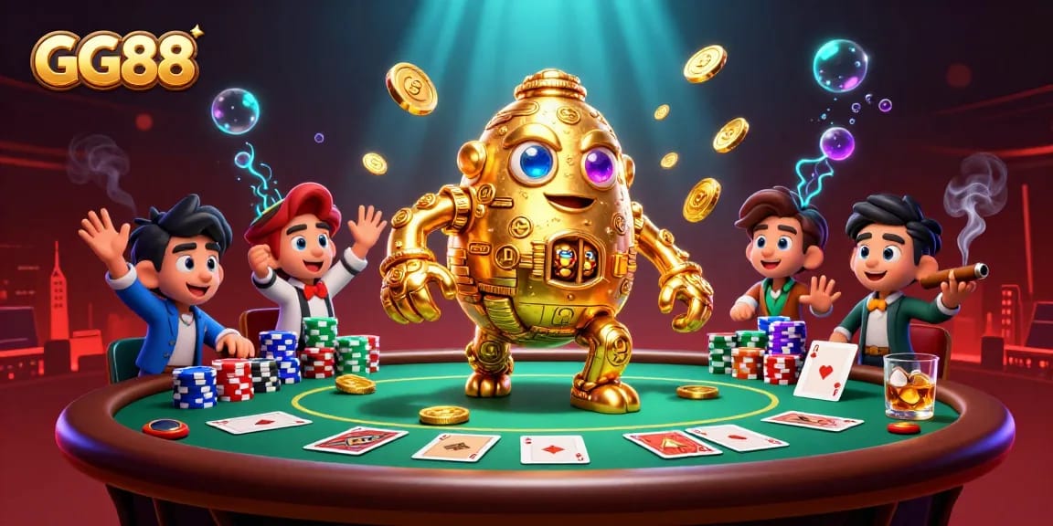 Experience excitement with GG88's golden golem at the vibrant poker scene.