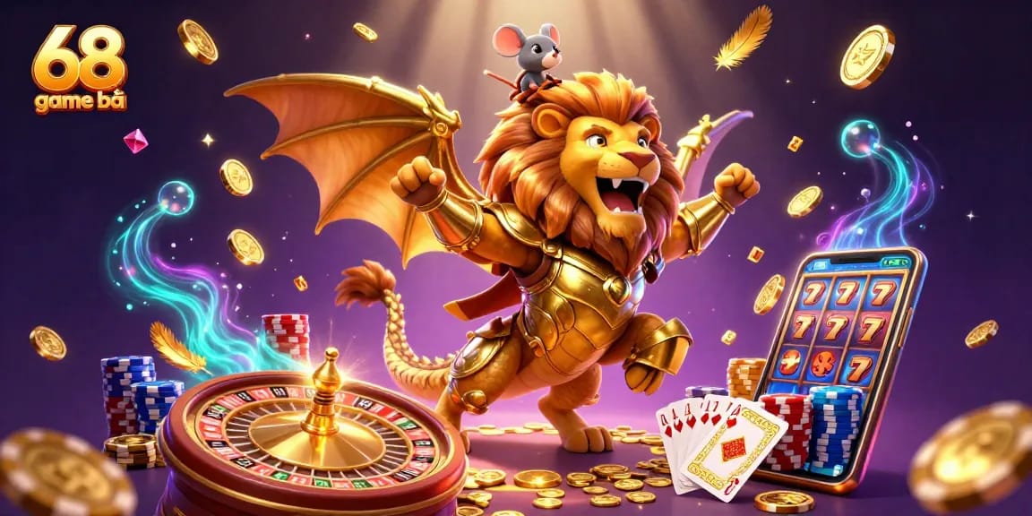 Experience exciting gameplay in 68 game bài with golden coins, roulette, and a dynamic chimera scene.