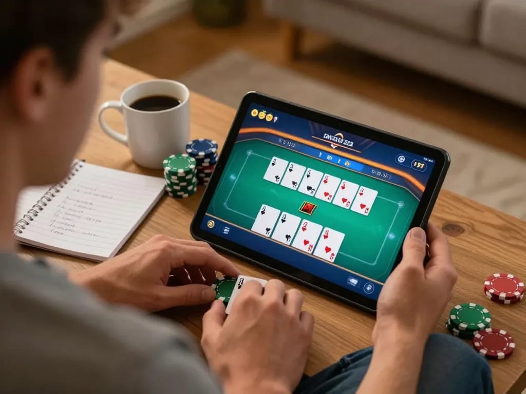 Player enjoying CM88 online poker game at home with chips and notes visible