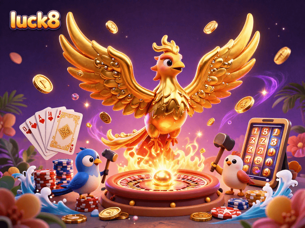 Experience thrilling gameplay at luck8 with dynamic scenes of a golden phoenix amid cascading coins and casino excitement.
