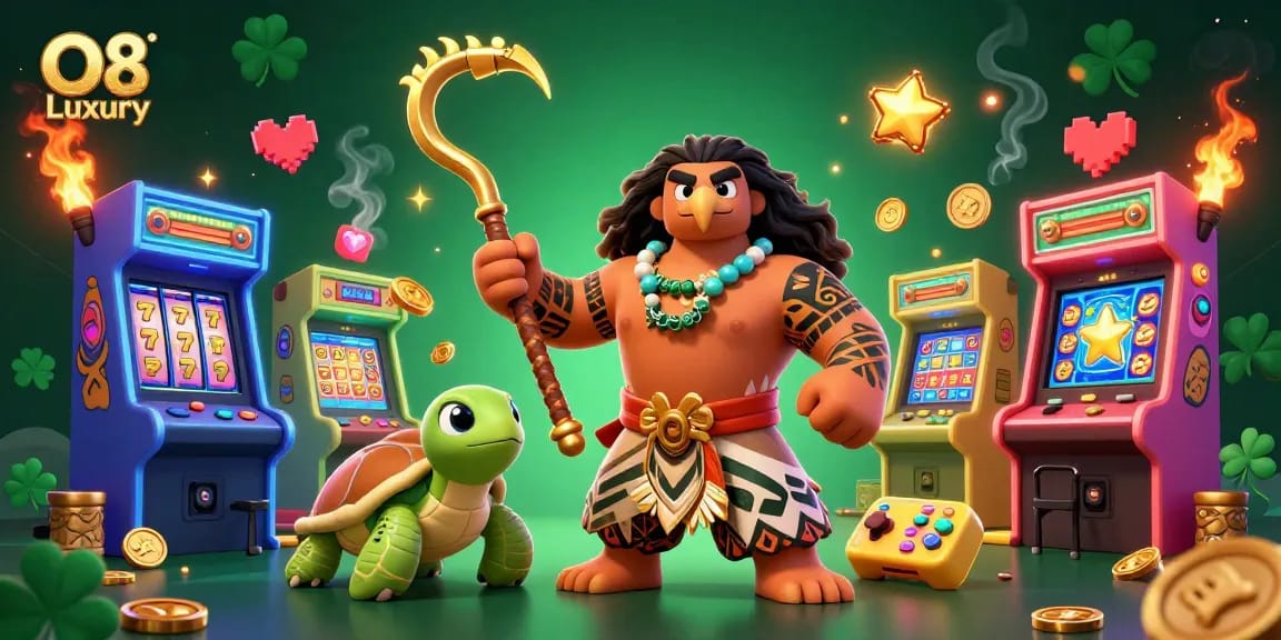 Experience thrilling gaming action with O8 Luxury featuring vibrant characters and immersive casino elements.