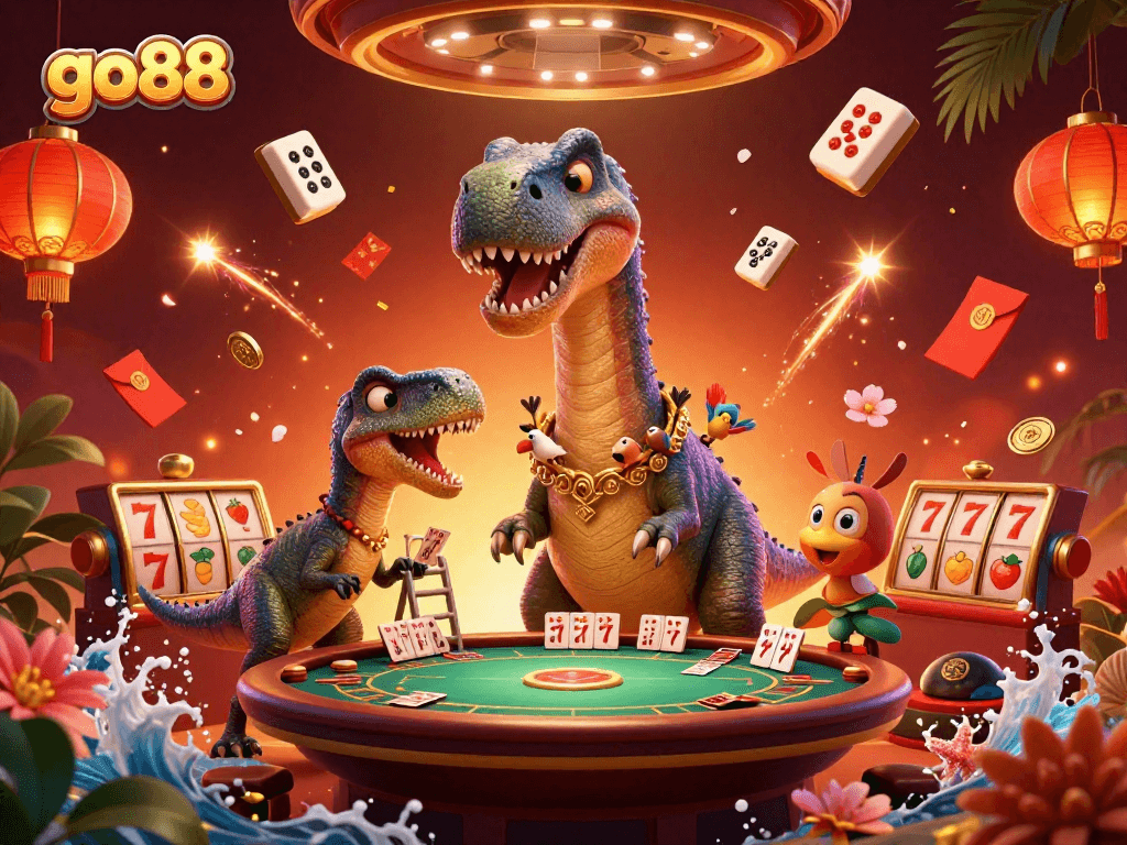Experience the excitement of go88 with a dynamic 3D casino scene featuring playful characters and vibrant elements.