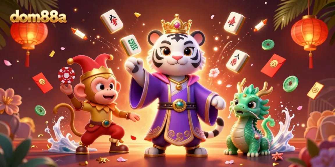 Experience the thrill of dom88a with vibrant, lively casino characters surrounded by game elements.