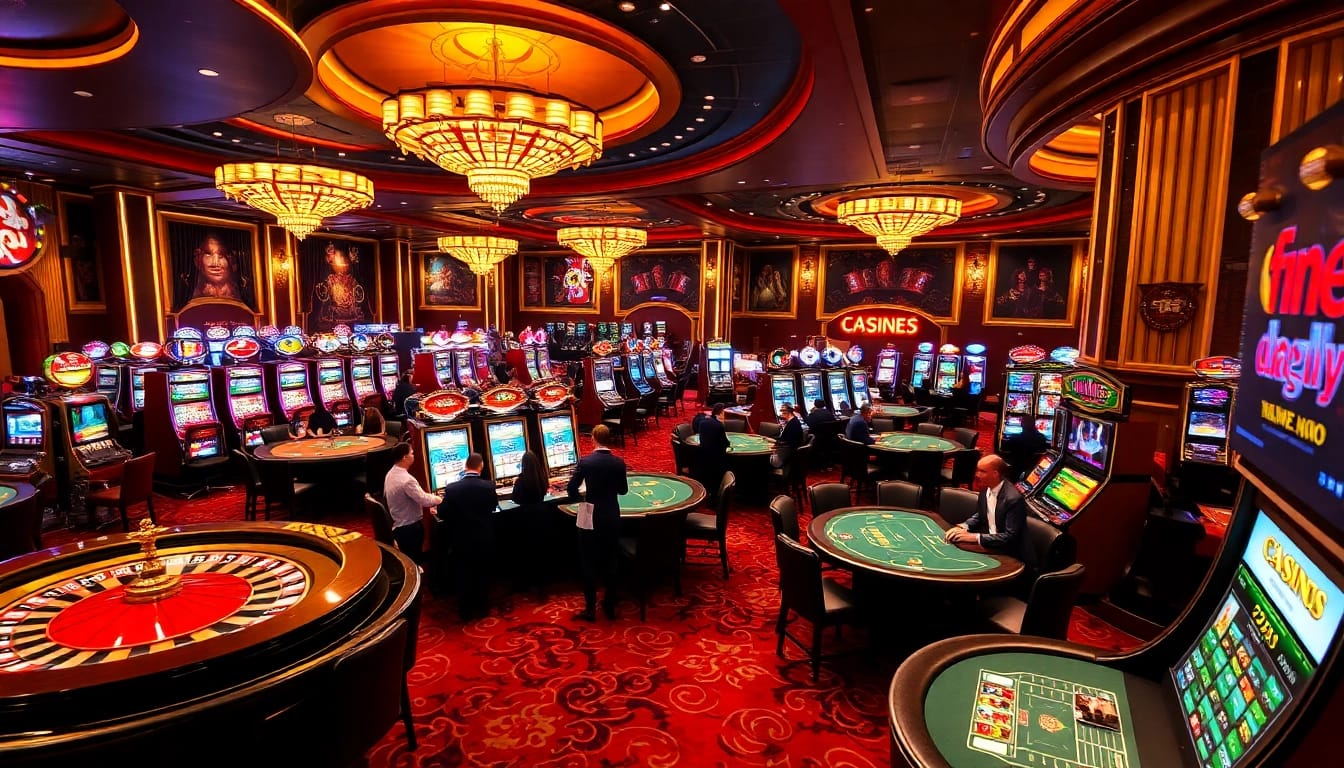 Engaged players enjoying games at https://f1686s.com/ casino, featuring vibrant tables and slot machines.