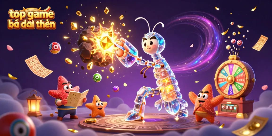 Play the top game bài đổi thưởng amidst golden gems and colorful lottery elements in a vibrant scene.