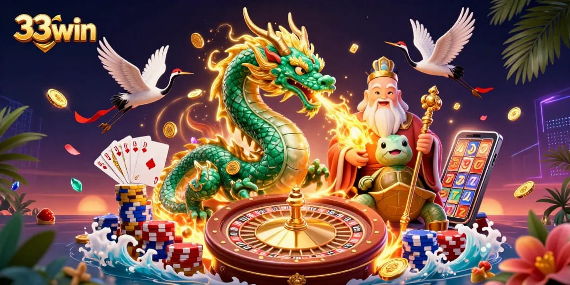 Experience thrilling 33win gaming action with vibrant dragons, turtles, and flying cranes.