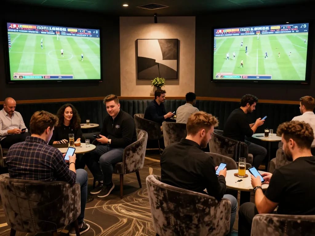 Soi kèo nhà cái players engaging in strategic decisions at a sophisticated sports betting lounge, surrounded by modern screens.
