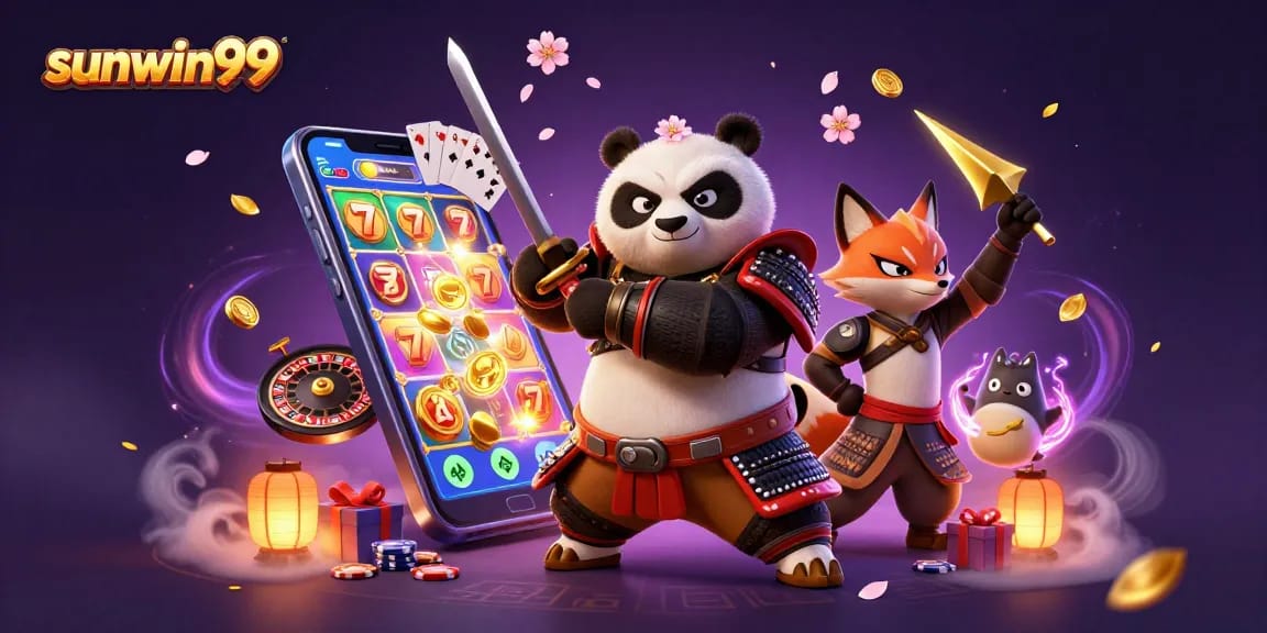 Engage with sunwin99's vibrant 3D casino scene featuring a samurai panda and treasure-filled atmosphere.