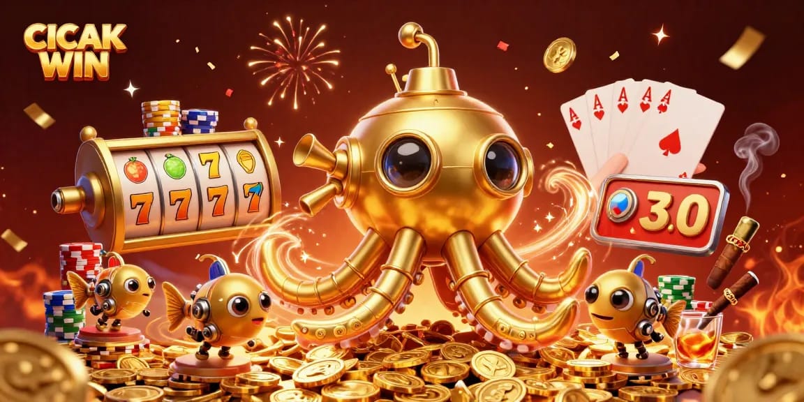 Players experience exciting wins as the golden kraken submarine emerges amidst golden coins and slot reels in CICAK WIN.