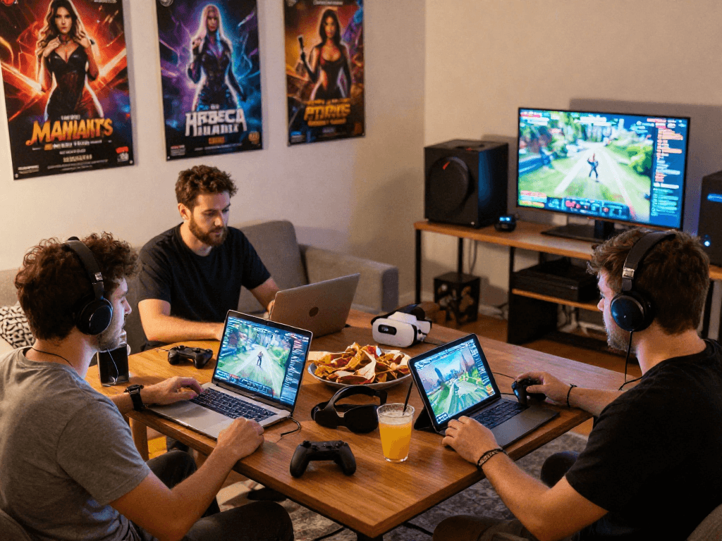 Players enjoying engaging adult game sex experiences on various devices in a cozy gaming environment