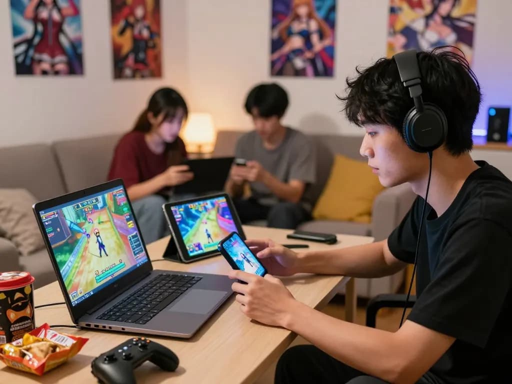Engaged player enjoying a hentai game on multiple devices in a cozy gaming setup.