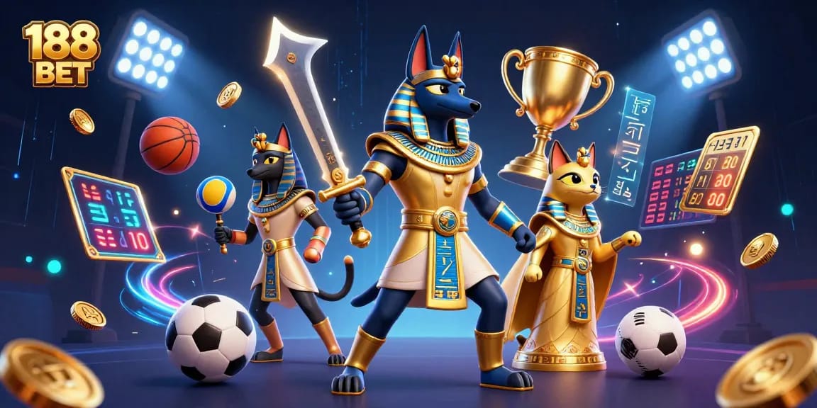 Engage with immersive 188 BET gaming, featuring Anubis, Bastet, and vibrant sports elements.