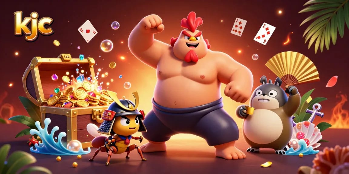 KJC offers a vibrant scene featuring exciting casino elements with a majestic sumo rooster and battling cricket.