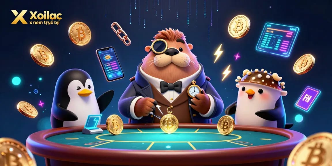 Xoilac xem trực tiếp showcases a jolly walrus playing underwater poker with a penguin dealer and a bluffing pufferfish in a vibrant scene.