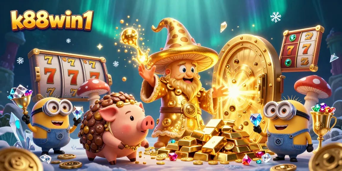 Engage with the magical world of k88win1, featuring a golden mushroom wizard, treasure, and lively game elements.