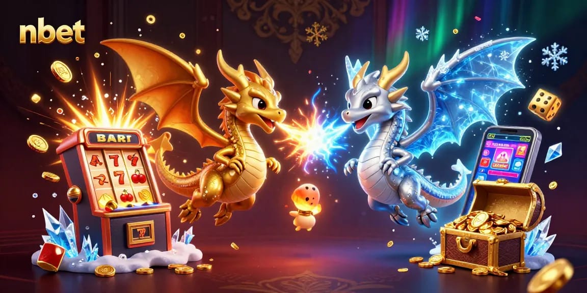 nbet showcases an exciting 3D casino scene with dragons and slot machines in rich detail.