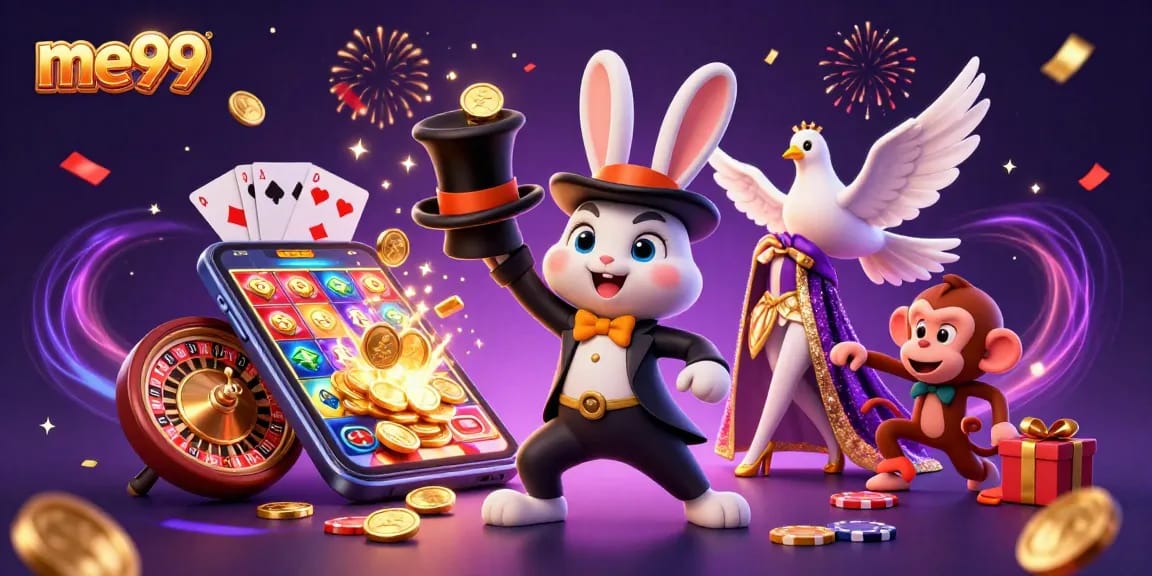 me99 online casino showcases a magician rabbit surrounded by golden coins and gaming elements.